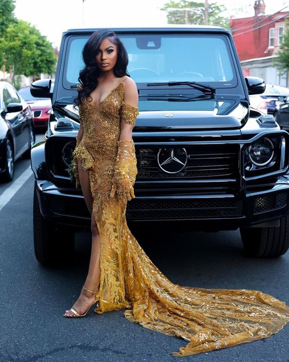 Mermaid Gold Sequin Long Black Girl Prom Dress Slit Formal Dress P1066 –  PreppyDress