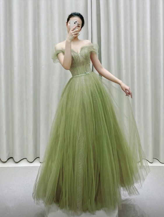 Vintage A Line Off The Shoulder Tulle Sage Green Prom Dress P1466 PreppyDress