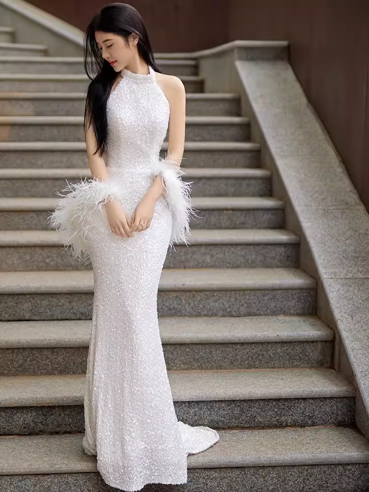 White feather prom fashion dress