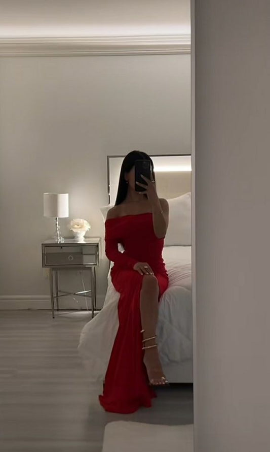 Stunning Mermaid Off The Shoulder Long Sleeves Red Slit Prom Dress Birthday Outfits P463