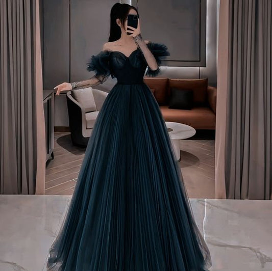 Sexy Ball Gown Off The Shoulder Navy BlueTulle Prom Dresses P500