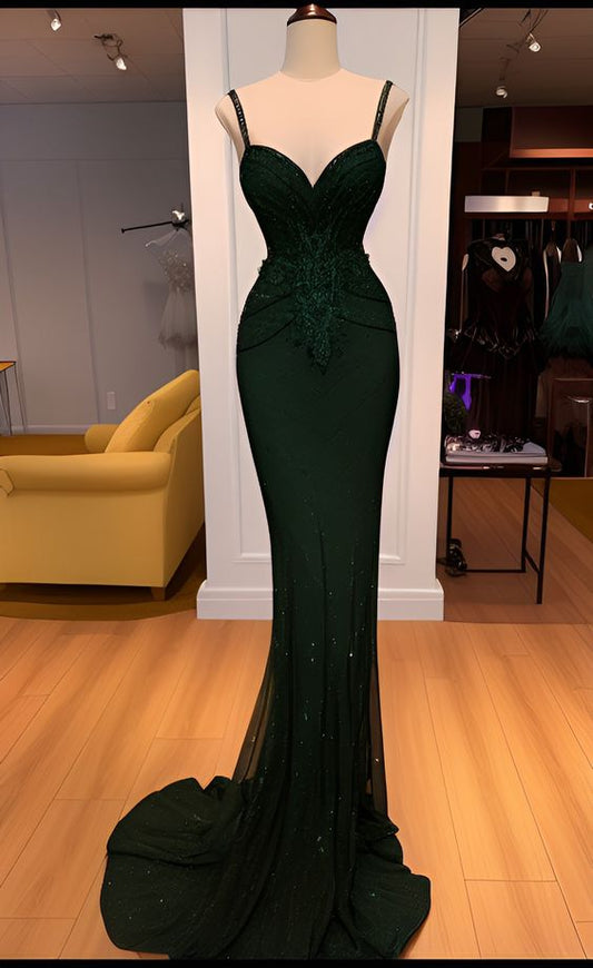 Charming Mermaid Spaghetti Straps Lace Dark Green Prom Dress Long Prom Dresses P533