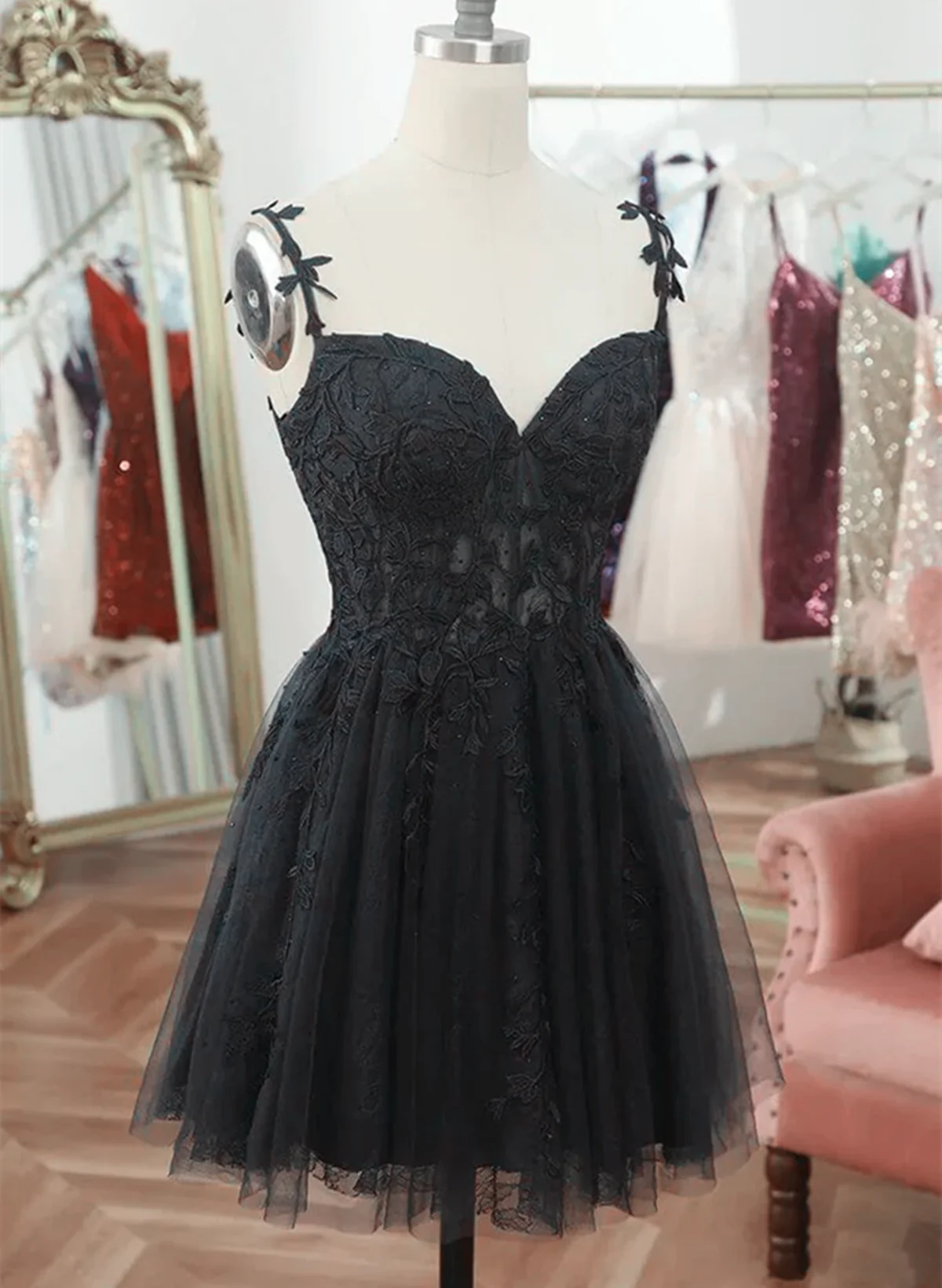 Black V Neck Beaded Tulle and Lace Prom Dress, Cute Black Homecoming Dress P2246