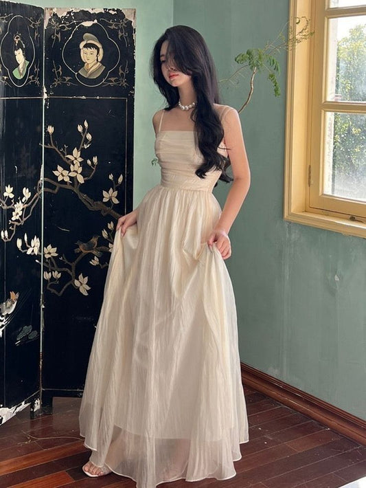 Simple A line Straps Long Ivory Prom Dress Birthday Outfits P471