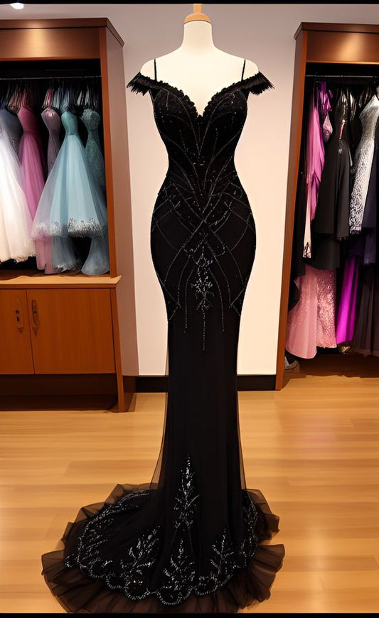 Charming Mermaid Lace Black Prom Dress Long Prom Dresses P532