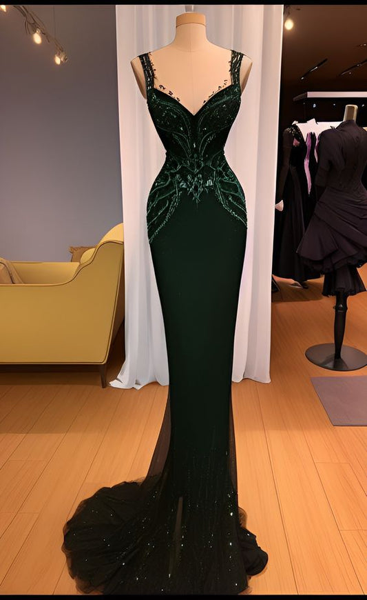 Charming Mermaid Straps Dark Green Sequin Prom Dress Long Prom Dresses P534