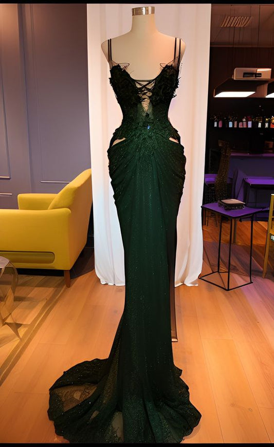 Sparkly Mermaid Spaghetti Straps Sleeveless Sequin Dark Green Prom Dresses Long Lace Prom Dress P488