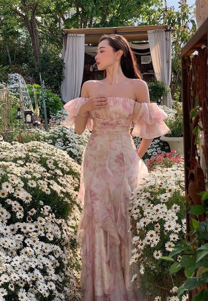 Elegant Flowers Pink Prom Dress Long Party Birthday Outfits P450