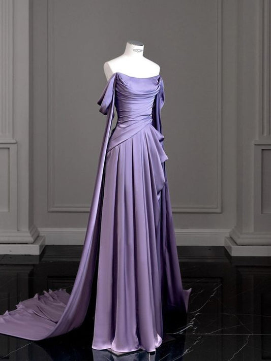 Simple A line Strapless Sleeveless Satin Lilac Prom Dresses Long Prom Dress P489