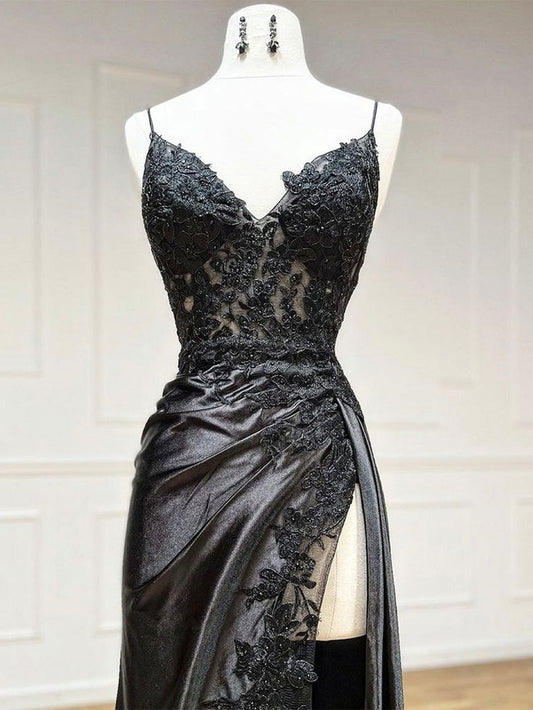 V Neck Satin Lace Long Prom Dress, Lace Long Evening Dress Birthday Outfits P444