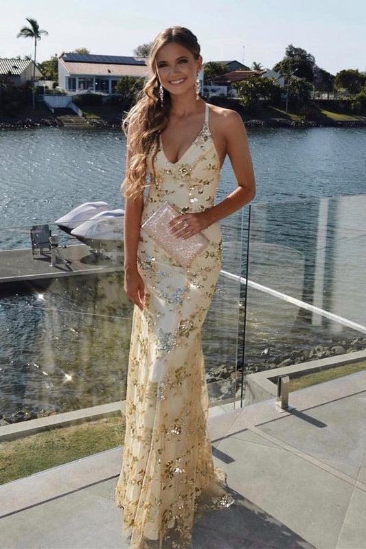 Mermaid Sexy Prom Dress Vintage Backless Lace Prom Dress,Gold Sequin Prom Dress P1065