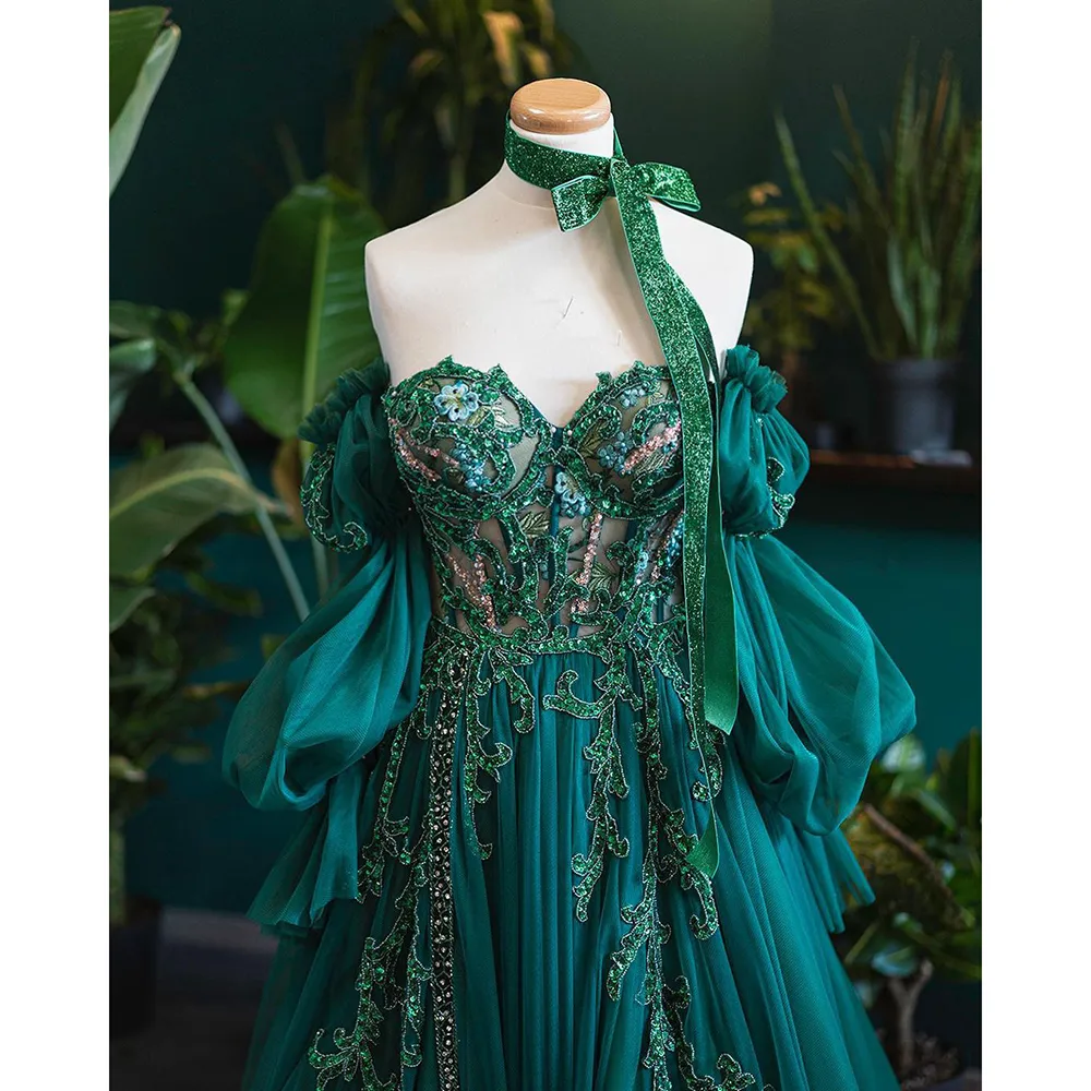 Vintage A line Appliques Lace-Up A-Line Dark Green Tulle Prom Dresses P1297