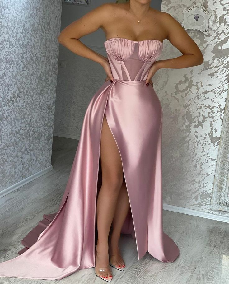 Dresses With Slit Satin Sleeveless Prom Dress Birthday Outfits P382