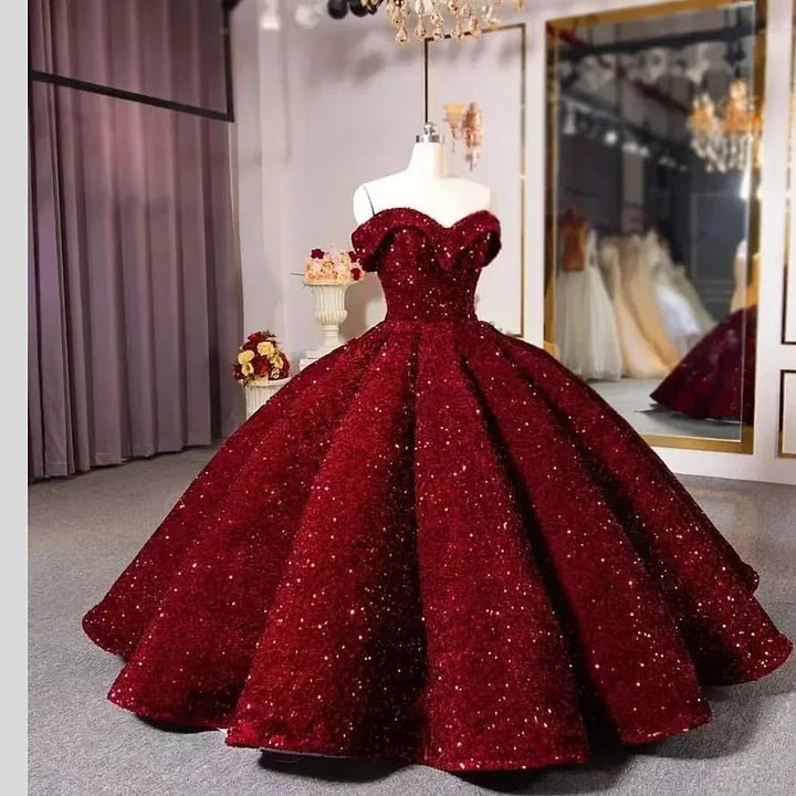 Luxurious Burgundy Ball Gown Off-The-Shoulder Ruffles Prom Dress 22th Birthday Outfits P803