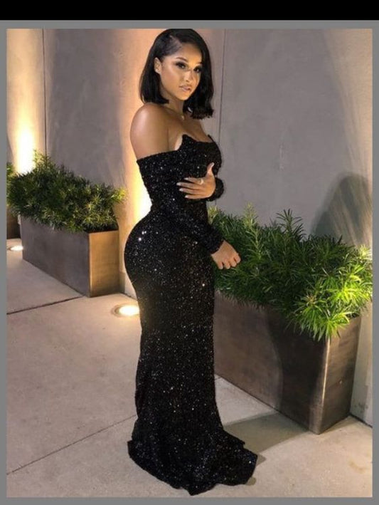 Sexy Mermaid Black Girl Sequin Prom Dresses 22th Birthday Outfits With Sleeves P428