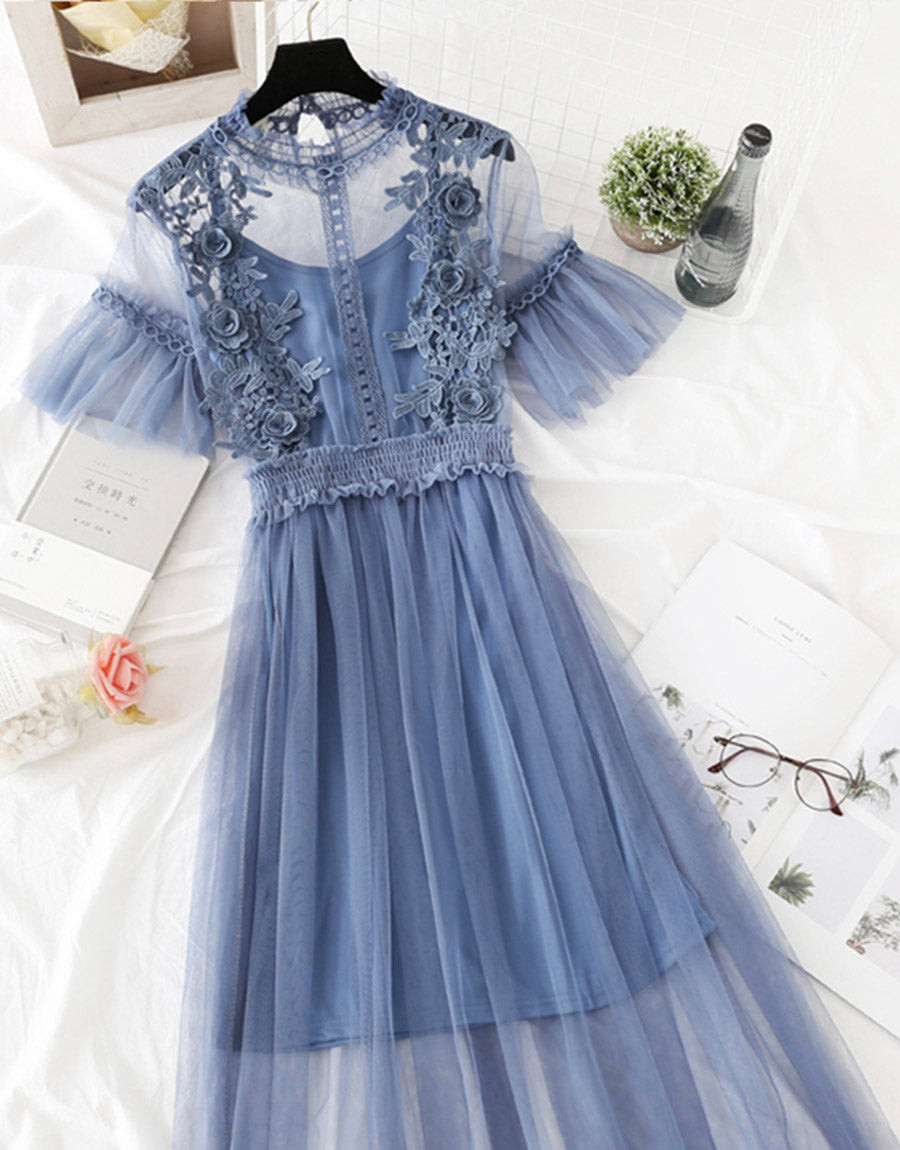 Cute A Line Tulle Lace Applique Dress Summer Dress P337