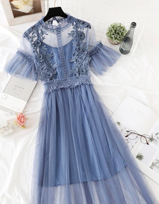 Cute A Line Tulle Lace Applique Dress Summer Dress P337