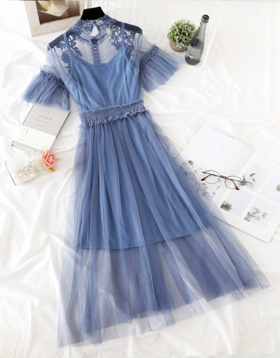 Cute A Line Tulle Lace Applique Dress Summer Dress P337