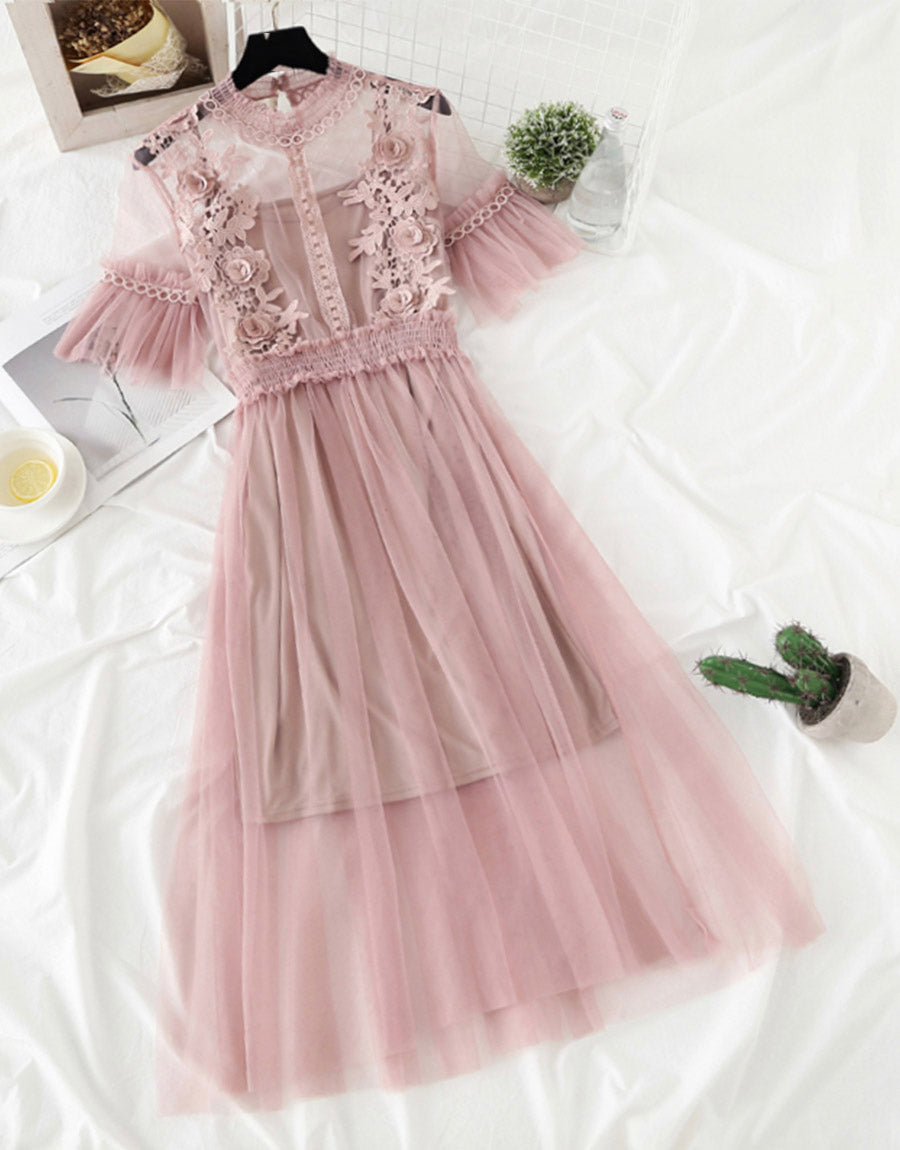 Cute A Line Tulle Lace Applique Dress Summer Dress P337