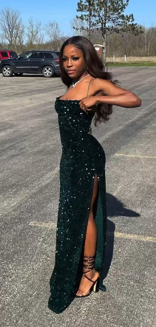 Mermaid Sequins Dark Green Long Prom Dresses 22th Birthday Outfits P430