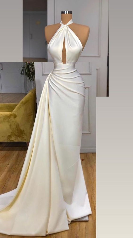 Vintage Mermaid Halter Sleeveless Ivory Long Prom Dresses P496