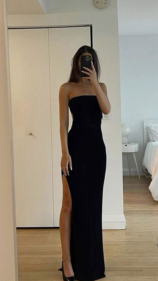 Sexy Mermaid Black Strapless Slit Prom Dresses 17th Birthday Outfits P404