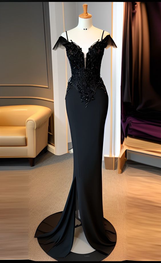 Mermaid Spaghetti Straps Black Prom Dress Slit Long Prom Dresses P537