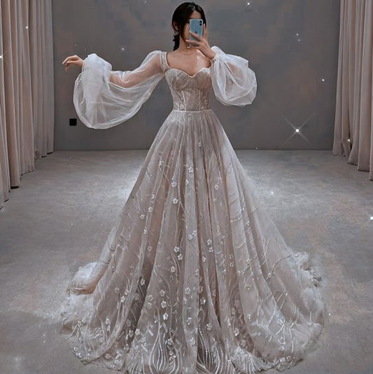 Sexy Ball Gown Long Sleeves Tulle Lace Prom Dresses P499