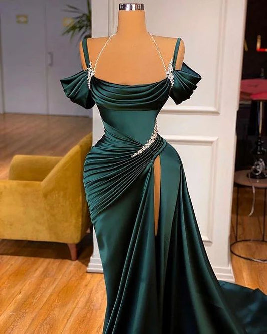 Mermaid Green Off-the-Shoulder Prom Dress Slit Long Prom Dresses P536