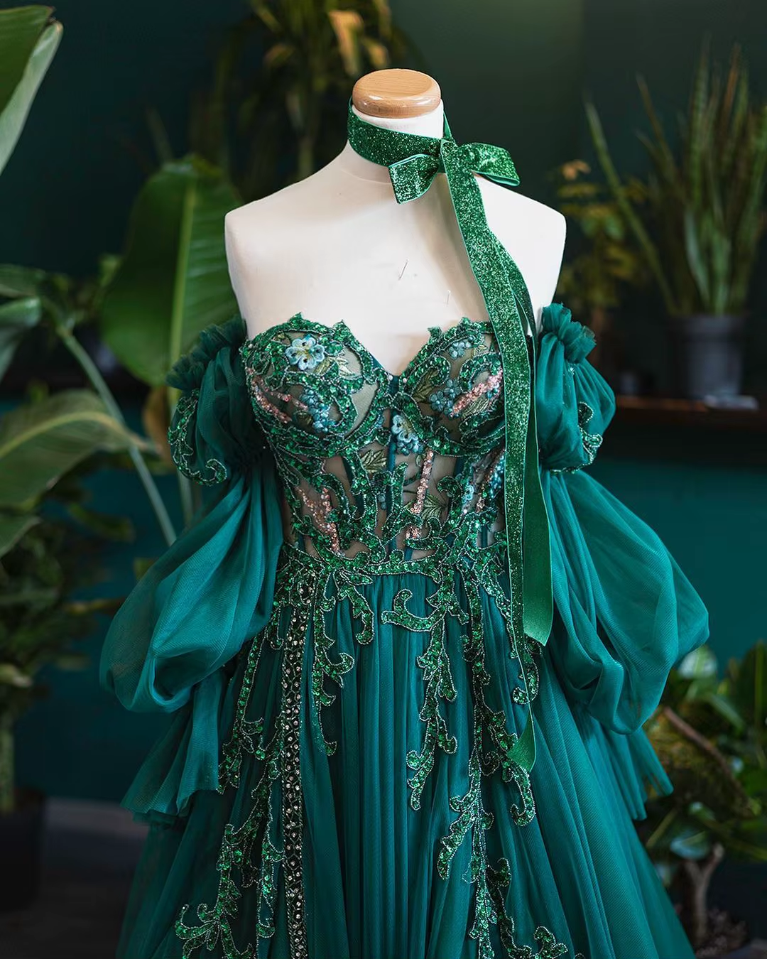 Vintage A line Appliques Lace-Up A-Line Dark Green Tulle Prom Dresses P1297