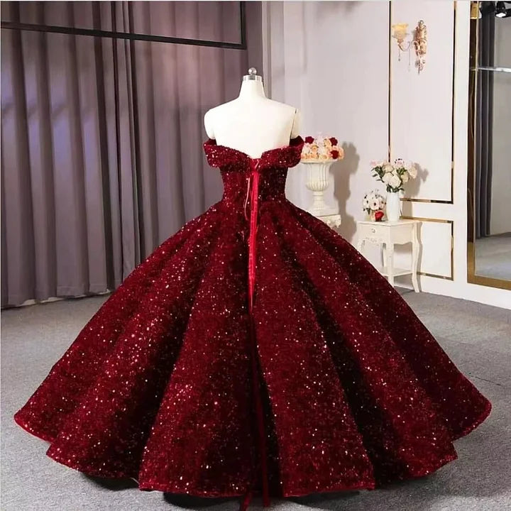 Luxurious Burgundy Ball Gown Off-The-Shoulder Ruffles Prom Dress 22th Birthday Outfits P803