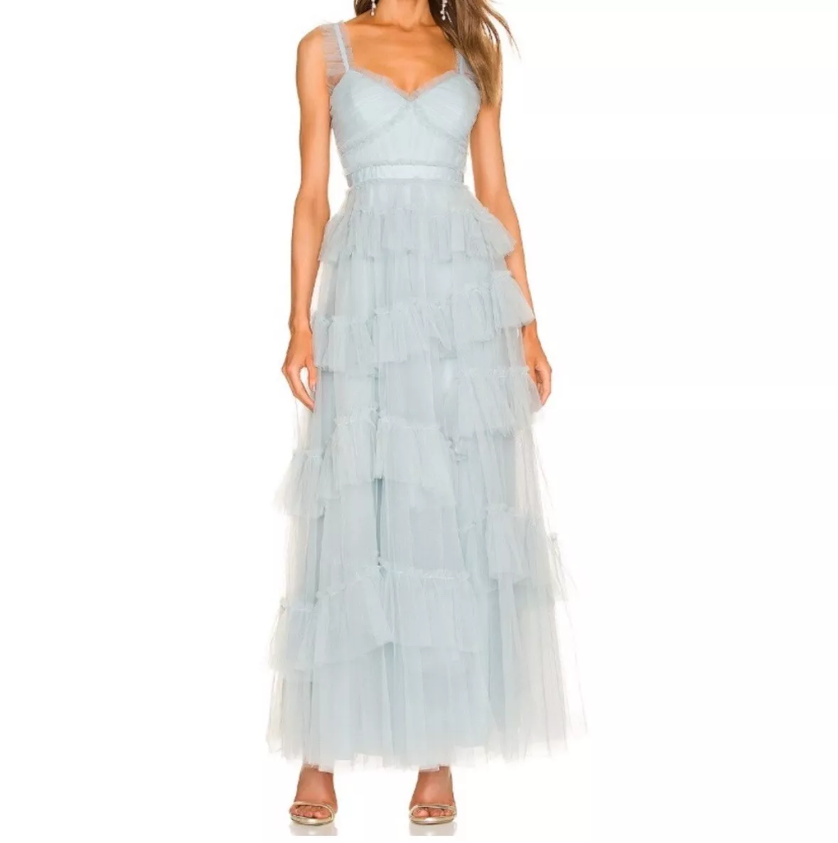 Light Blue Tulle Prom Dresses Ruffles Pleated Baby Blue Evening Gown P1489