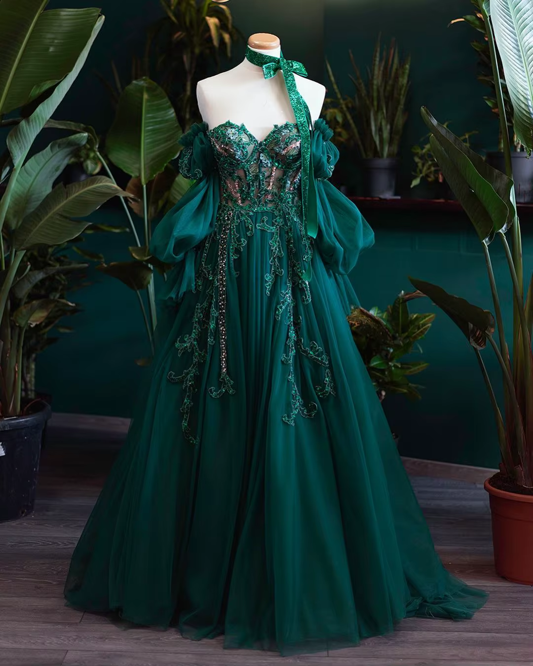 Vintage A line Appliques Lace-Up A-Line Dark Green Tulle Prom Dresses P1297