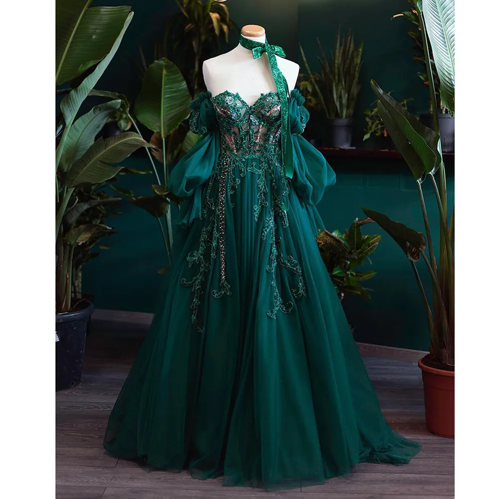 Vintage A line Appliques Lace-Up A-Line Dark Green Tulle Prom Dresses P1297