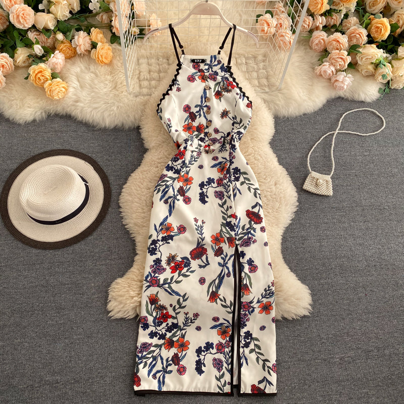 Sexy A line Sleeveless Silk Satin Floral Dress Beach Summer Holiday Dress P250