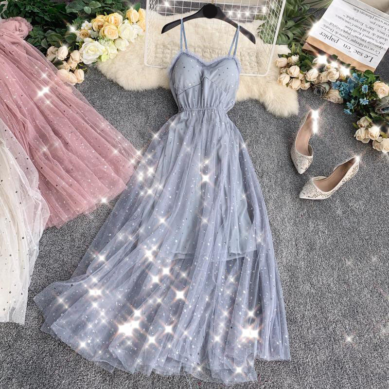 Cute A line Sleeveless Sequin Tulle Dress Beach Summer Holiday Dress P255