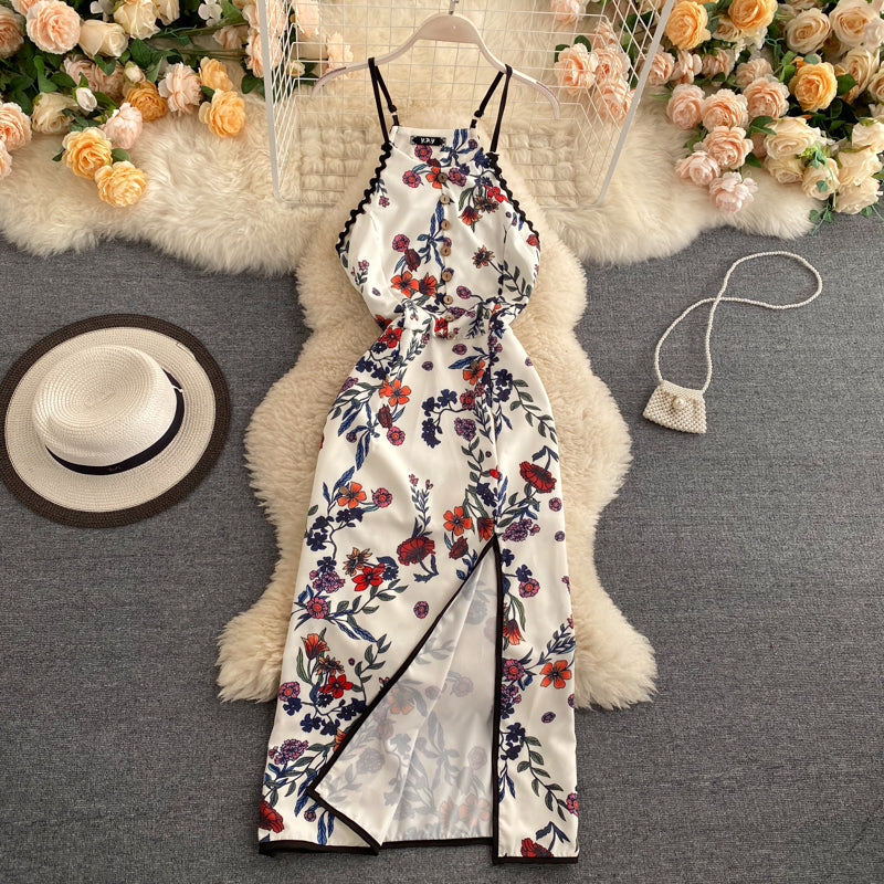 Sexy A line Sleeveless Silk Satin Floral Dress Beach Summer Holiday Dress P250