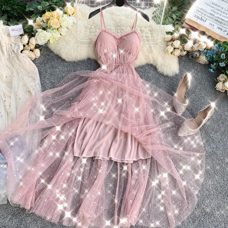 Cute A line Sleeveless Sequin Tulle Dress Beach Summer Holiday Dress P255