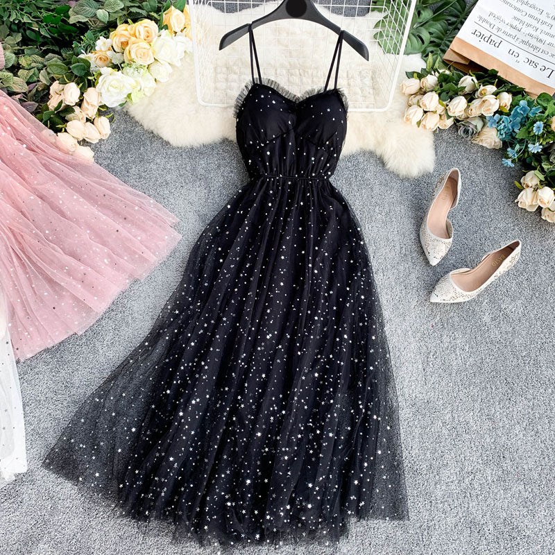 Cute A line Sleeveless Sequin Tulle Dress Beach Summer Holiday Dress P255