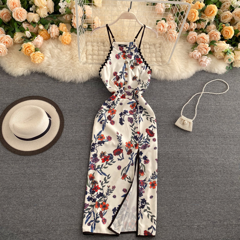 Sexy A line Sleeveless Silk Satin Floral Dress Beach Summer Holiday Dress P250