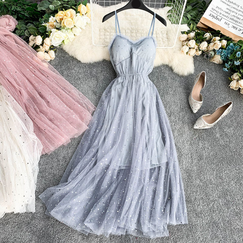 Cute A line Sleeveless Sequin Tulle Dress Beach Summer Holiday Dress P255