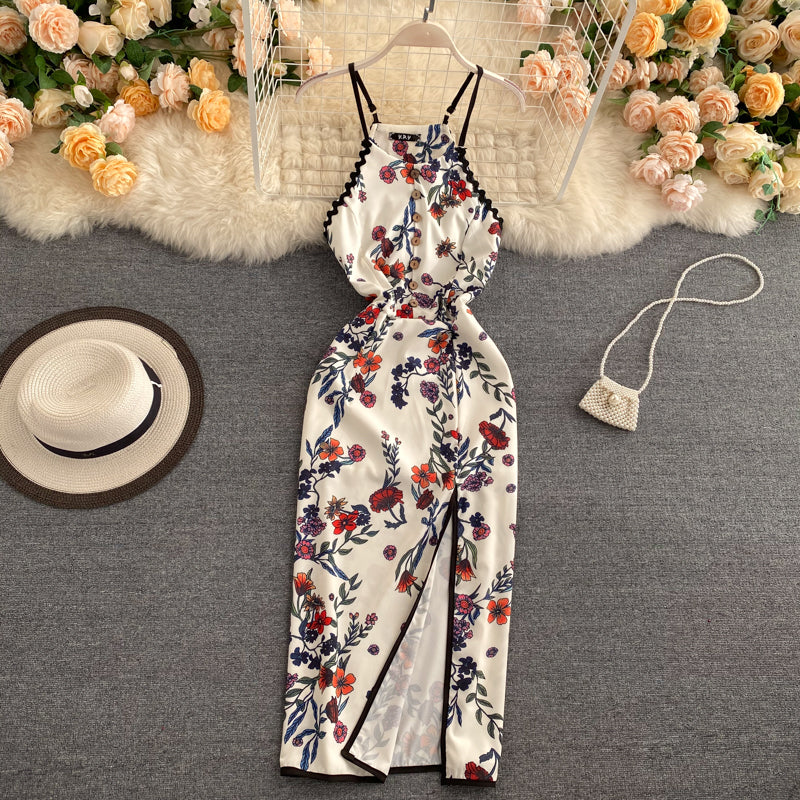 Sexy A line Sleeveless Silk Satin Floral Dress Beach Summer Holiday Dress P250