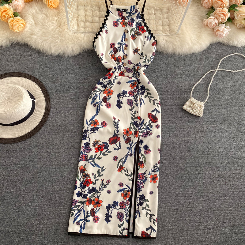 Sexy A line Sleeveless Silk Satin Floral Dress Beach Summer Holiday Dress P250