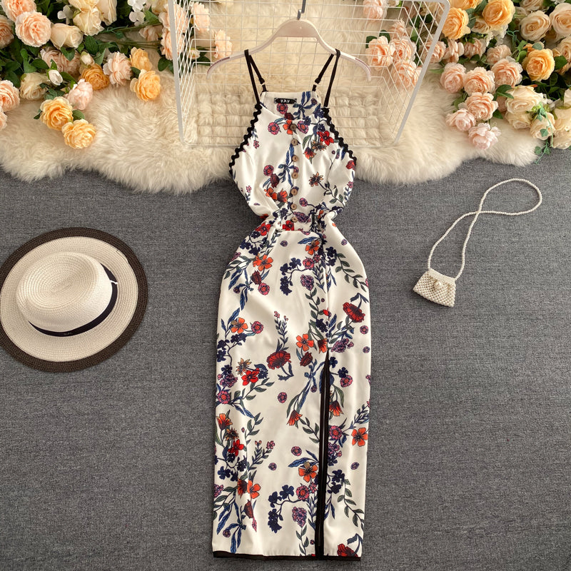 Sexy A line Sleeveless Silk Satin Floral Dress Beach Summer Holiday Dress P250