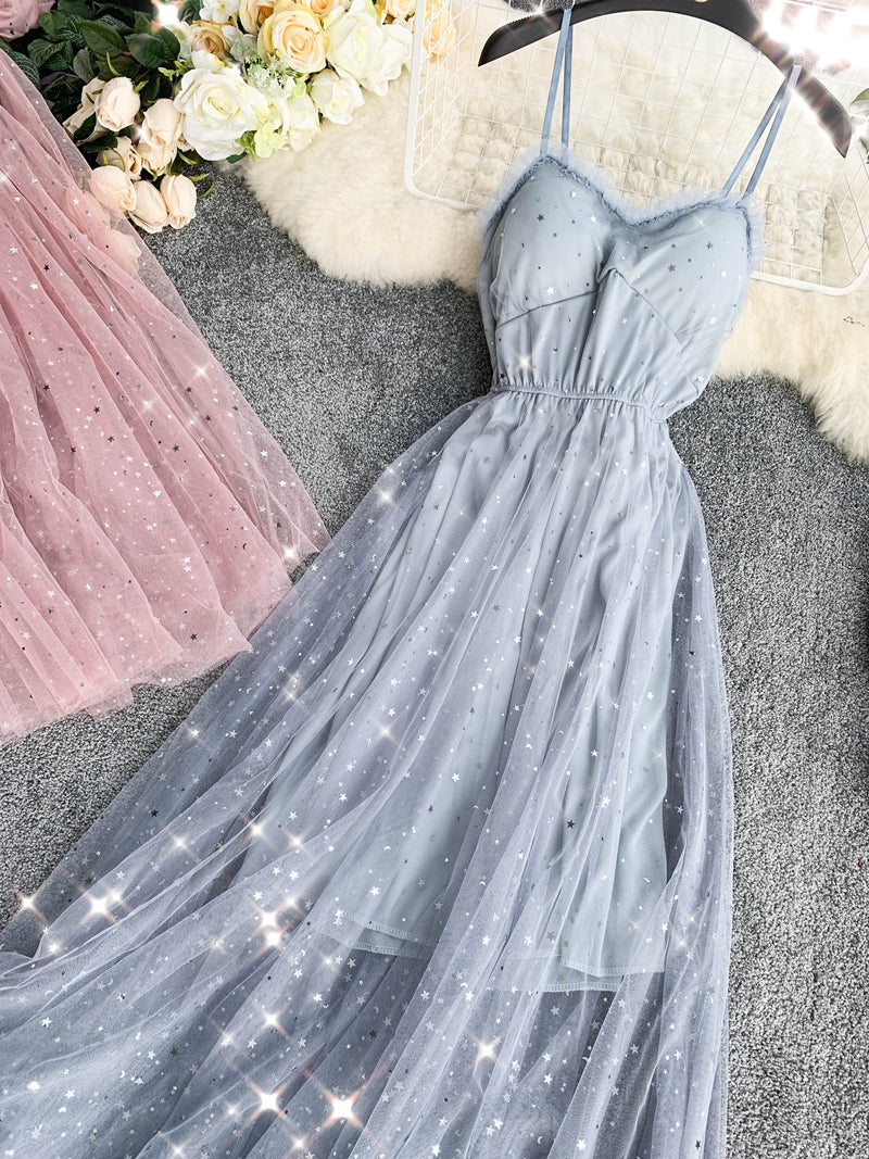 Cute A line Sleeveless Sequin Tulle Dress Beach Summer Holiday Dress P255