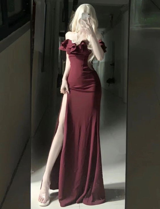 Modest Mermaid Burgundy Slit Prom Dresses 21th Birthday Outfits P1022