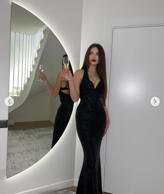 Sexy Mermaid Black Sequin Long Backless Prom Dress P1047