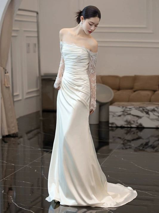 Vintage Mermaid Strapless Long Sleeves White Wedding Dresses P1062