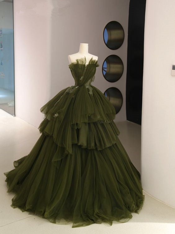 Ball Gown Strapless Tulle Long Green Prom Dress Evening Dresses P1084