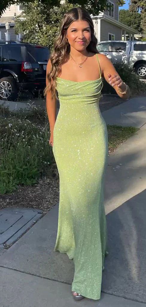 Spaghetti Straps Sparkly Long Prom Dresses Mermaid Prom Dress P1098